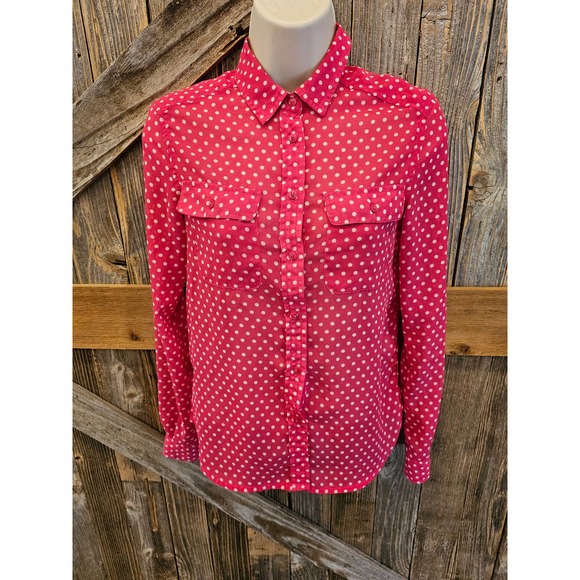 Pink and white polka dot long sleeve sheer button up size XXS ^ EUC - Picture 1 of 8